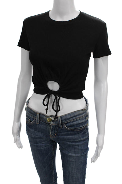 Monrow Women Cropped T-Shirt Black Short Sleeve Round Neck Size XS