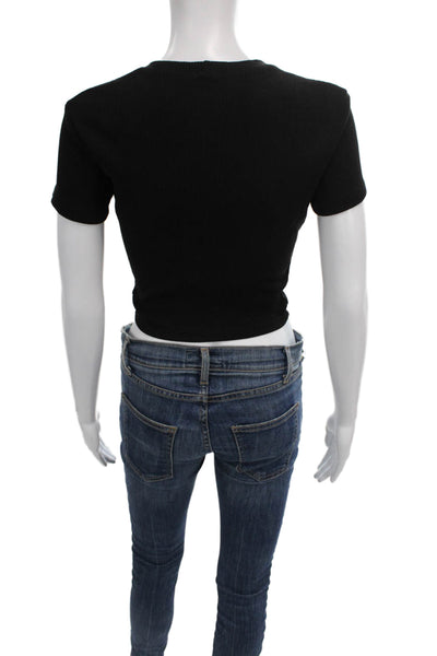 Monrow Women Cropped T-Shirt Black Short Sleeve Round Neck Size XS