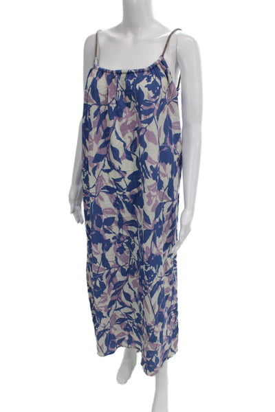 Chloe Stora Women Maxi Floral Scoop Neck Sleeveless Midi Dress Blue Size 38