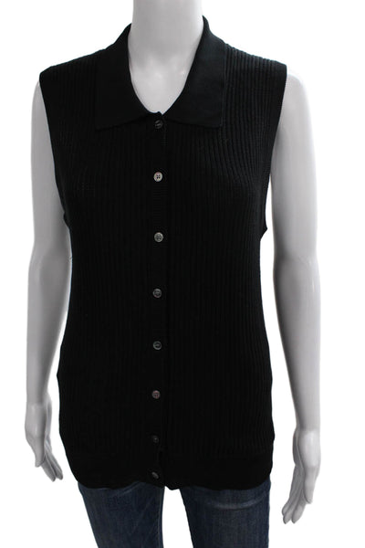 CO Women Cardigan Collared Button Silk Sleeveless Black Fall Size S