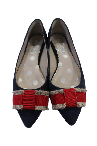 Boden Womens Suede Pointed Toe Bow Ballet Flats Navy Blue Red Size 39 9