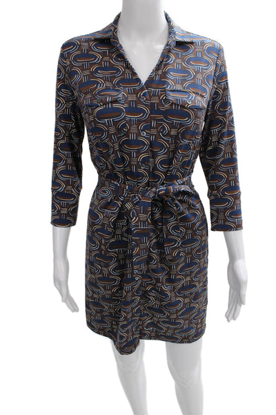 J. Mclaughlin Women Shirt Dress Blue Collar Button 3/4 Sleeve Geometric Size XS