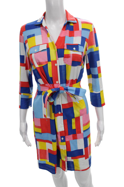 J. Mclaughlin Women Shirt Dress Multicolor Geometric 3/4 Sleeve Size XS