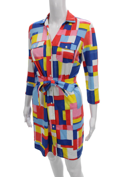 J. Mclaughlin Women Shirt Dress Multicolor Geometric 3/4 Sleeve Size XS