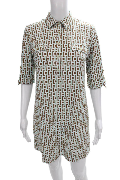 J. Mclaughlin Womens Shirt Dress Brown Geometric 3/4 Sleeve Size S