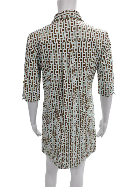 J. Mclaughlin Womens Shirt Dress Brown Geometric 3/4 Sleeve Size S