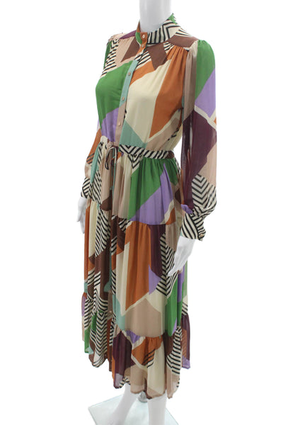 Suncoo Women Shirt Dress Multicolor Geometric Collared Long Sleeve Size 0