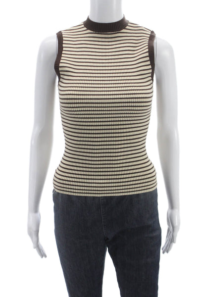 Frankies Bikinis Women Brown Striped Mock Neck Tank Size S
