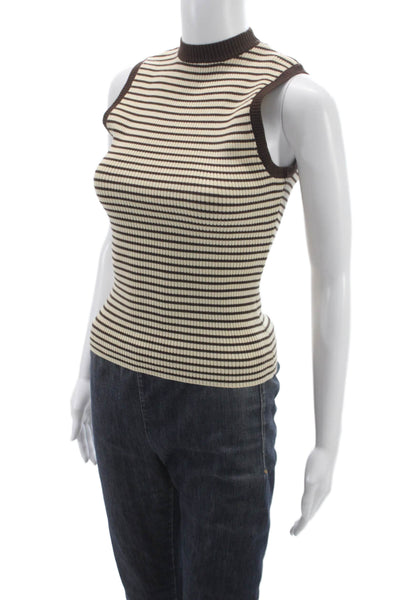 Frankies Bikinis Women Brown Striped Mock Neck Tank Size S
