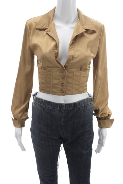 Isalis Women Cropped Blouse Gold Collared Long Sleeve Polyester Size S