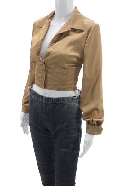 Isalis Women Cropped Blouse Gold Collared Long Sleeve Polyester Size S