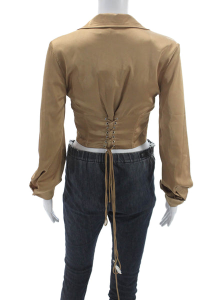 Isalis Women Cropped Blouse Gold Collared Long Sleeve Polyester Size S