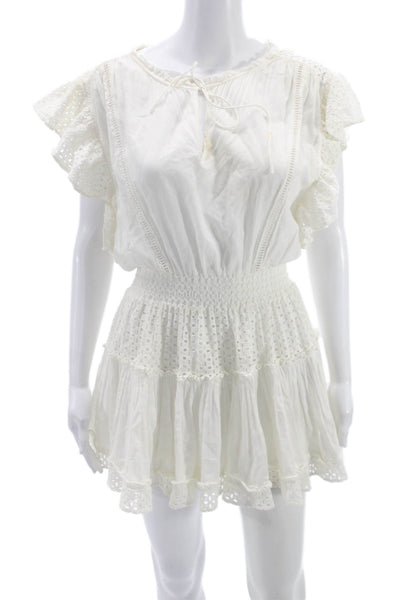 Misa Womens Mini Dress White Cotton Short Sleeve Round Neck Bohemian Size XS