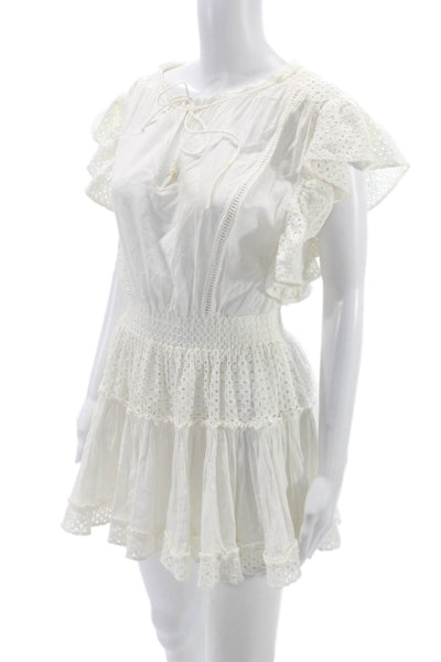 Misa Womens Mini Dress White Cotton Short Sleeve Round Neck Bohemian Size XS