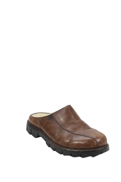 Ugg Mens Leather Shearling Lined Slip On Mules Shoes Brown Size 10