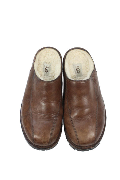 Ugg Mens Leather Shearling Lined Slip On Mules Shoes Brown Size 10