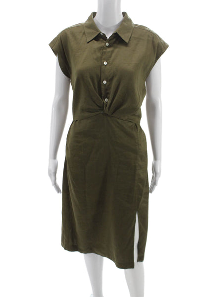 Frame Womens Green Short Sleeve Shirt Dress Collared Button Mid Calf Size M