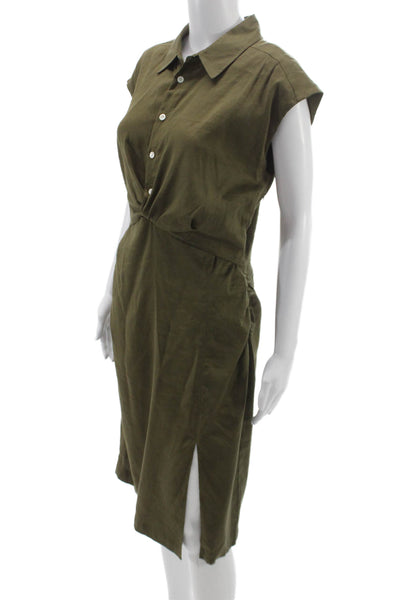 Frame Womens Green Short Sleeve Shirt Dress Collared Button Mid Calf Size M