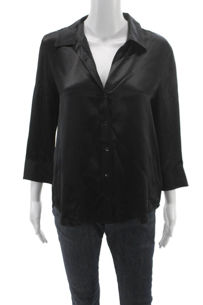 L'Agence Womens Basic Black Silk Collared 3/4 Sleeve Blouse Size M