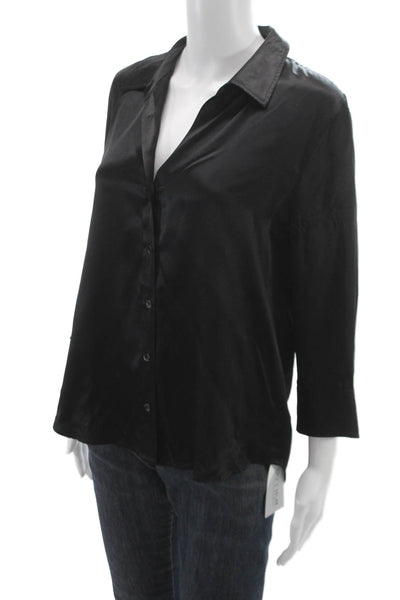 L'Agence Womens Basic Black Silk Collared 3/4 Sleeve Blouse Size M