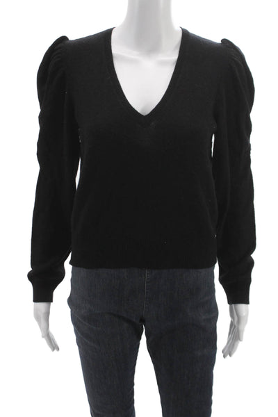 Frame Women Pullover Cashmere V-Neck Long Sleeve Black Sweater Petite Size S