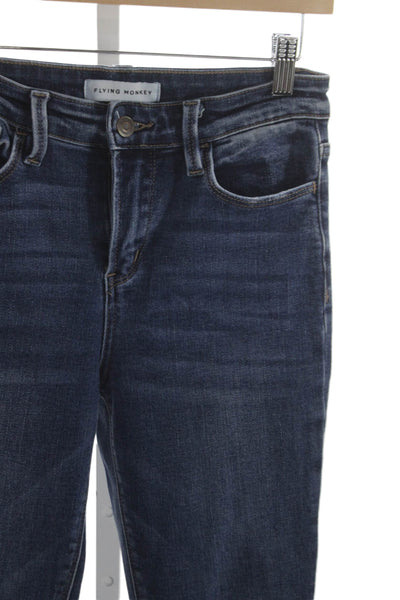 Flying Monkey Women Flared Jeans Blue High Waist Button Cotton Blend Size 25
