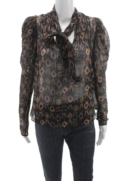 Ulla Johnson Women Blouse Silk Geometric VNeck Longsleeve Tie Multicolor Size 2