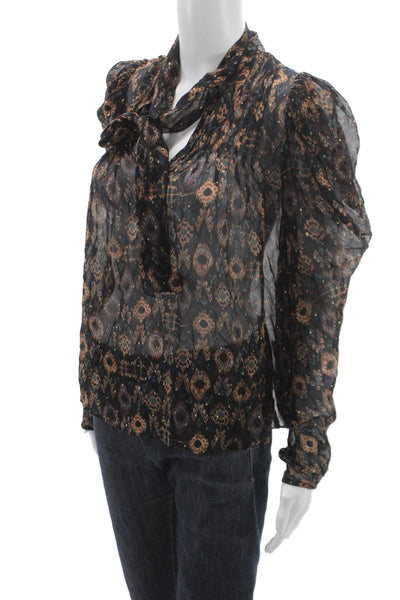 Ulla Johnson Women Blouse Silk Geometric VNeck Longsleeve Tie Multicolor Size 2