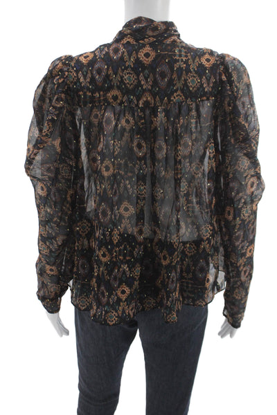 Ulla Johnson Women Blouse Silk Geometric VNeck Longsleeve Tie Multicolor Size 2