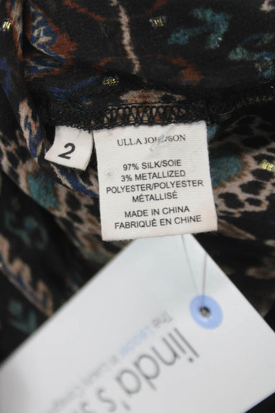 Ulla Johnson Women Blouse Silk Geometric VNeck Longsleeve Tie Multicolor Size 2