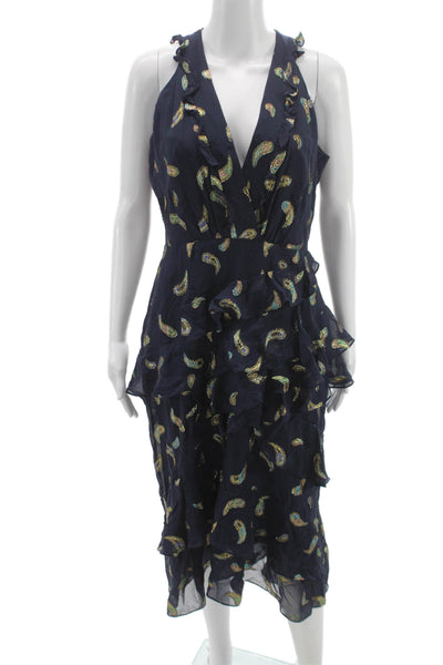 Saloni Womens Fit & Flare Halter Silk Blend Dress Sleeveless Blue Size 8