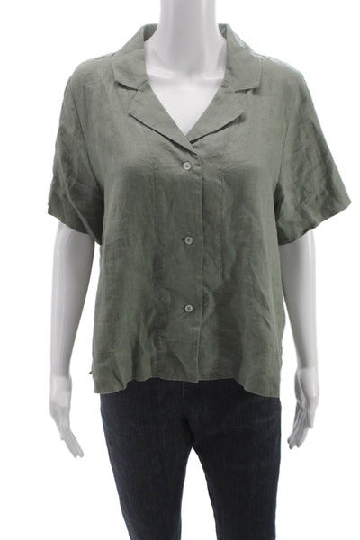 Quince Women Basic Collared Linen Button-Up Short Sleeve Green Size M