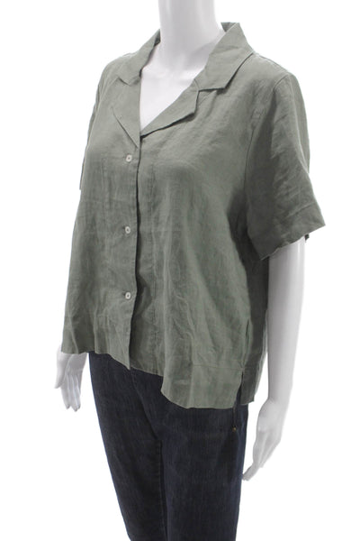 Quince Women Basic Collared Linen Button-Up Short Sleeve Green Size M