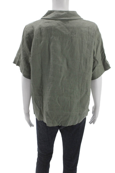 Quince Women Basic Collared Linen Button-Up Short Sleeve Green Size M
