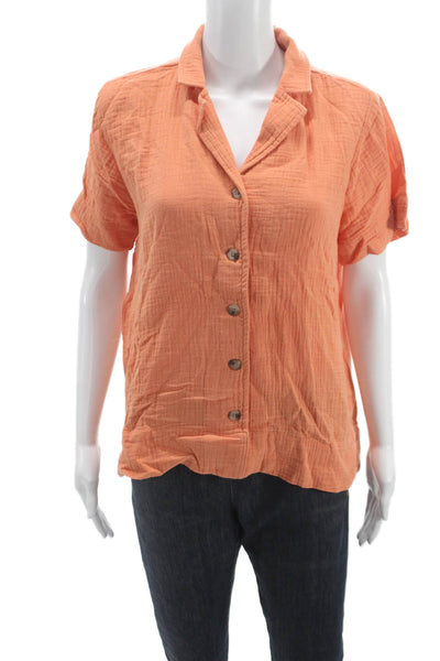 kensie Women Basic Collared Button-Up Cotton Short Sleeve Orange Top Size M