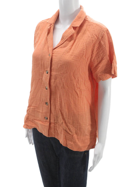 kensie Women Basic Collared Button-Up Cotton Short Sleeve Orange Top Size M