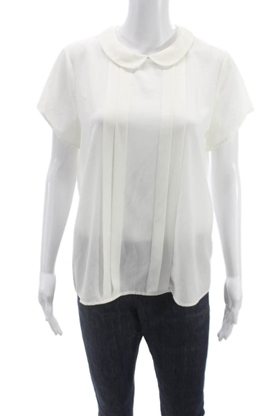 CeCe Womens Basic White Collared Short Sleeve Blouse 98% Polyester Size M