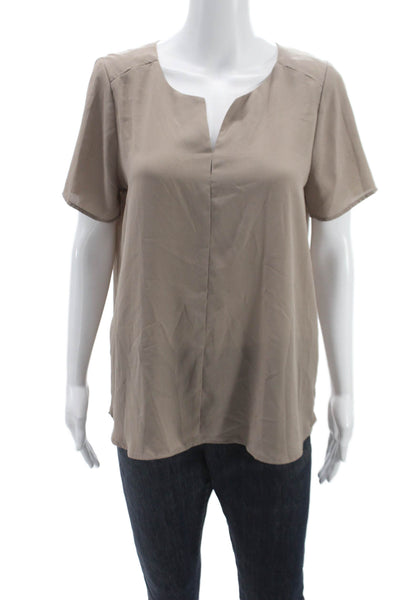 Pleione Women Beige V-Neck Short Sleeve Basic Blouse Polyester Size M