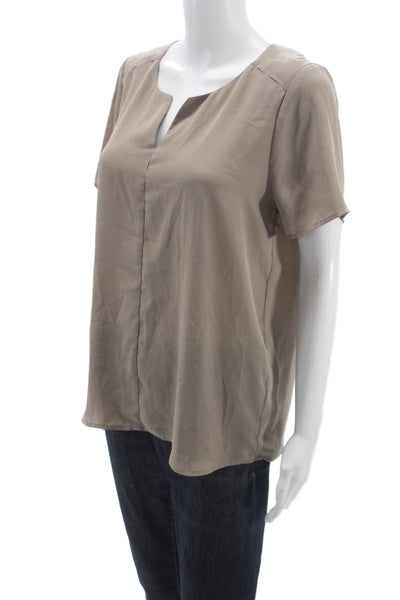 Pleione Women Beige V-Neck Short Sleeve Basic Blouse Polyester Size M