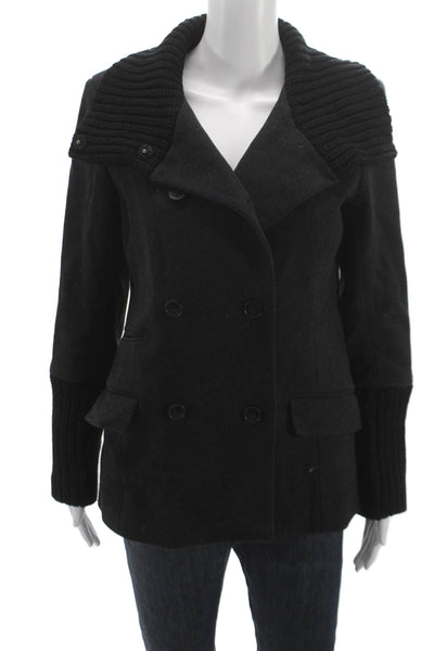 Theory Womens Black Wool Blend Pea Coat Button Long Sleeve Size L
