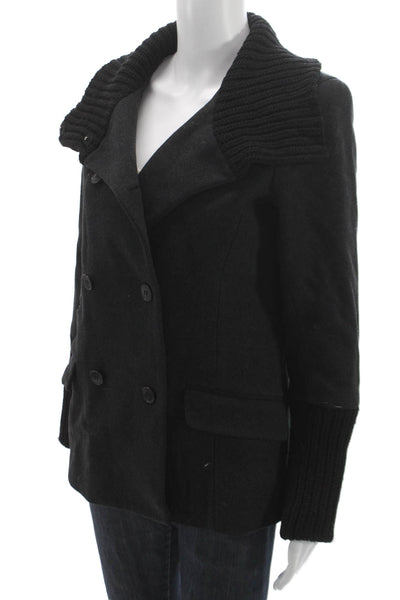 Theory Womens Black Wool Blend Pea Coat Button Long Sleeve Size L