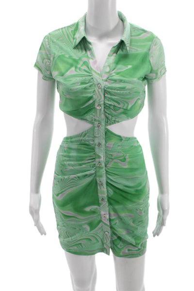 NIA Womens Shirt Dress Green Geometric Short Sleeve Button Knee Size XS