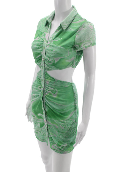 NIA Womens Shirt Dress Green Geometric Short Sleeve Button Knee Size XS
