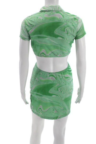 NIA Womens Shirt Dress Green Geometric Short Sleeve Button Knee Size XS