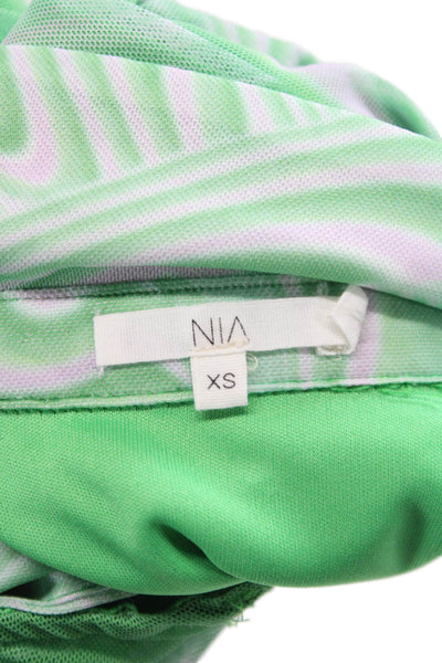 NIA Womens Shirt Dress Green Geometric Short Sleeve Button Knee Size XS