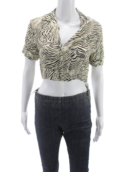 Capulet Women Cropped Animal Print Collared Blouse Black Button-Up Size S