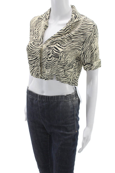 Capulet Women Cropped Animal Print Collared Blouse Black Button-Up Size S