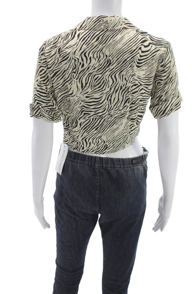 Capulet Women Cropped Animal Print Collared Blouse Black Button-Up Size S