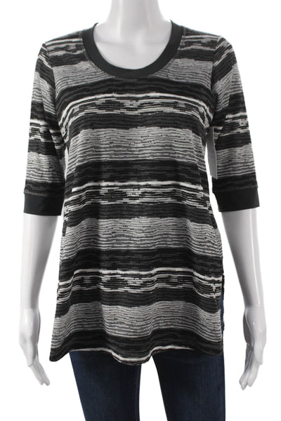 Sympli Womens Tunic 3/4 Sleeve Striped Round Neck Black Polyester Size S