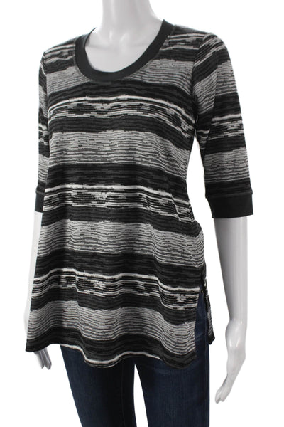 Sympli Womens Tunic 3/4 Sleeve Striped Round Neck Black Polyester Size S
